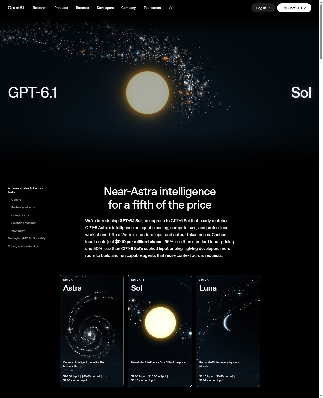 OpenAI's GPT-6.1 Sol page: the heading reads Near-Astra intelligence for a fifth of the price, with three model cards below showing Astra at ten dollars input and fifty dollars output, Sol at two dollars and ten dollars, and Luna at ten cents and fifty cents