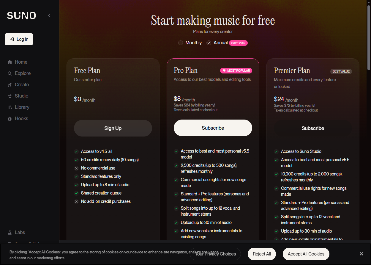 Suno 공식 가격 페이지 — Free·Pro·Premier 플랜 비교